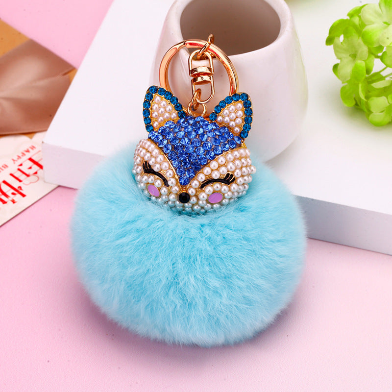 Wholesale Creative Water Diamond Fox Head Hairball Keychain