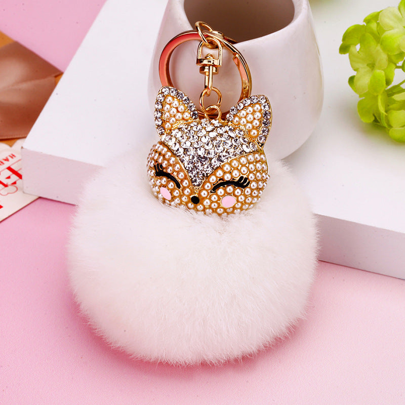 Wholesale Creative Water Diamond Fox Head Hairball Keychain