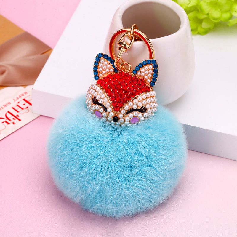 Wholesale Creative Water Diamond Fox Head Hairball Keychain