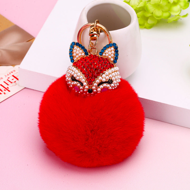 Wholesale Creative Water Diamond Fox Head Hairball Keychain