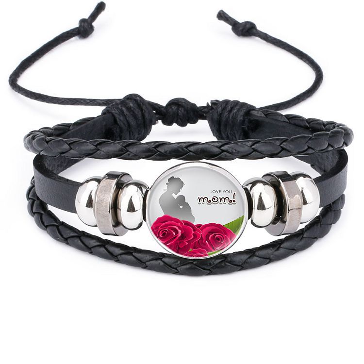 Wholesale Mom Heart Letter Crystal Cowhide Beads Bracelet