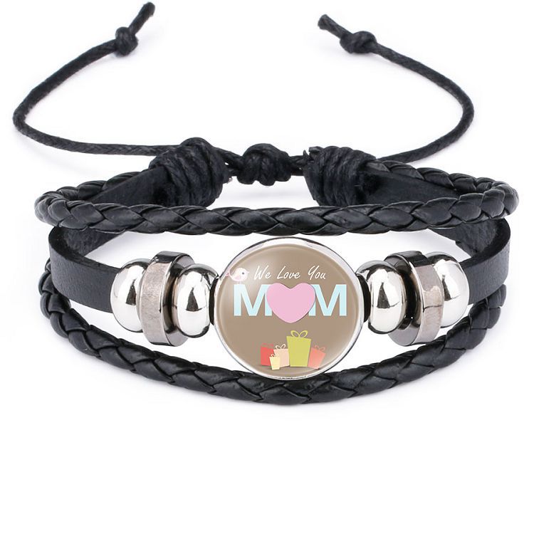 Wholesale Mom Heart Letter Crystal Cowhide Beads Bracelet