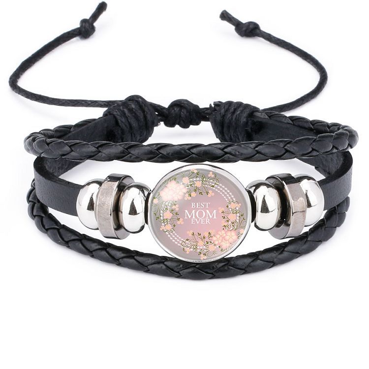 Wholesale Mom Heart Letter Crystal Cowhide Beads Bracelet