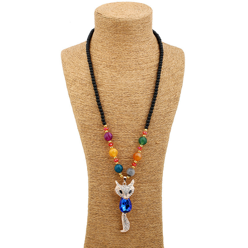 Wholesale Alloy Fox Pendant Long Necklace Colorful Cat Eye Beads Fashion Jewelry Accessory