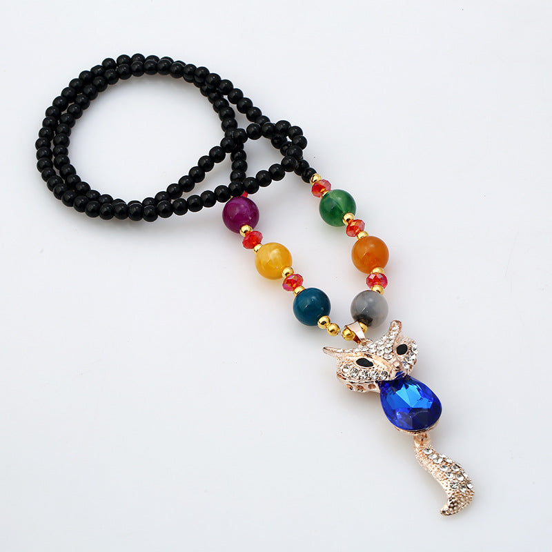 Wholesale Alloy Fox Pendant Long Necklace Colorful Cat Eye Beads Fashion Jewelry Accessory