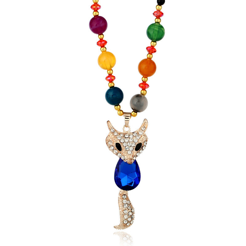 Wholesale Alloy Fox Pendant Long Necklace Colorful Cat Eye Beads Fashion Jewelry Accessory