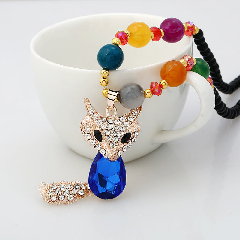 Wholesale Alloy Fox Pendant Long Necklace Colorful Cat Eye Beads Fashion Jewelry Accessory