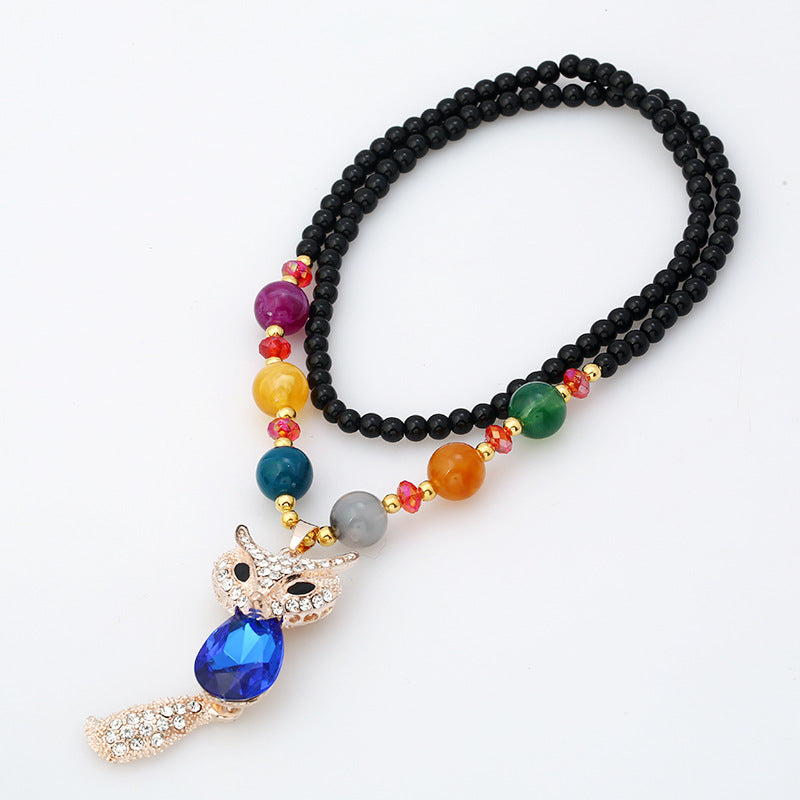 Wholesale Alloy Fox Pendant Long Necklace Colorful Cat Eye Beads Fashion Jewelry Accessory