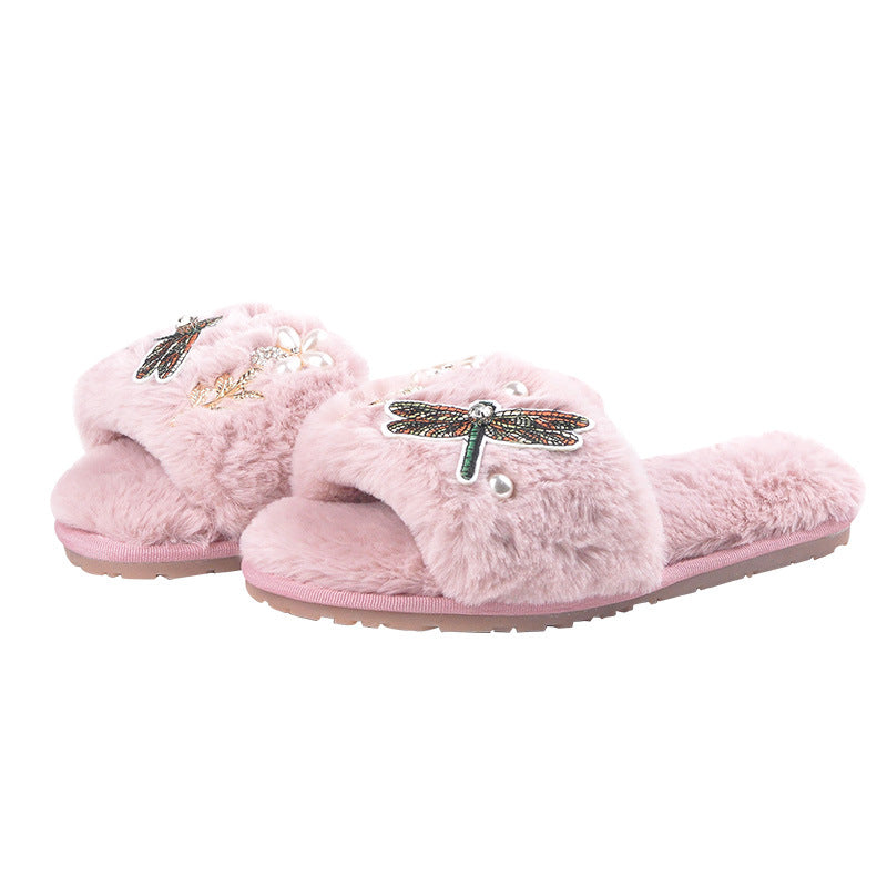 Wholesale women's dragonfly thick-soled warm plush slippers autumn and winter cotton slippers