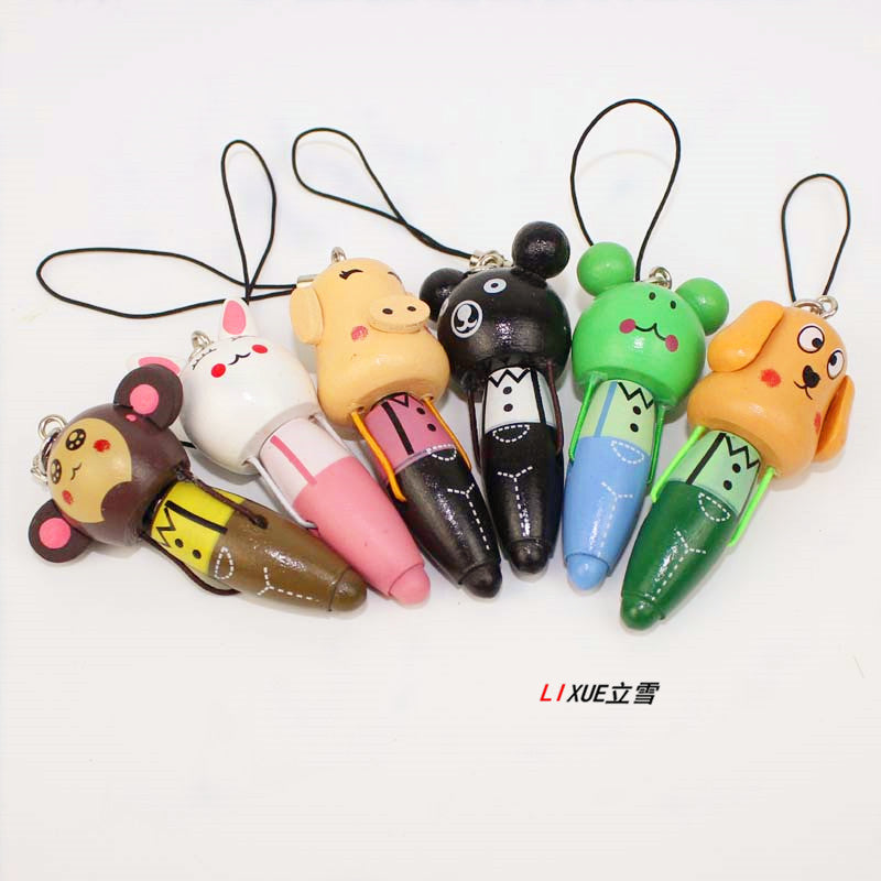 Wholesale Cute Japanese style wooden cartoon animal ballpoint pen mini pen with pendant