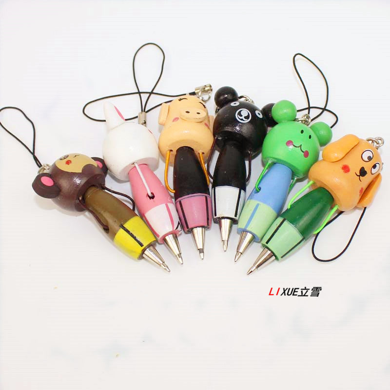 Wholesale Cute Japanese style wooden cartoon animal ballpoint pen mini pen with pendant