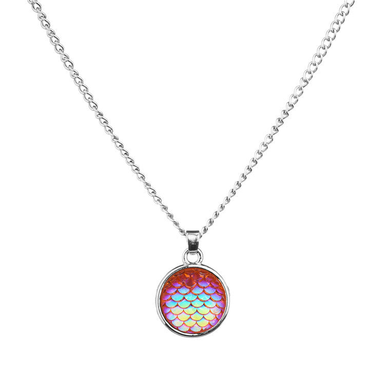 Wholesale Color Mermaid 16mm AB Fish Scale Time Gemstone Alloy Pendant Necklaces