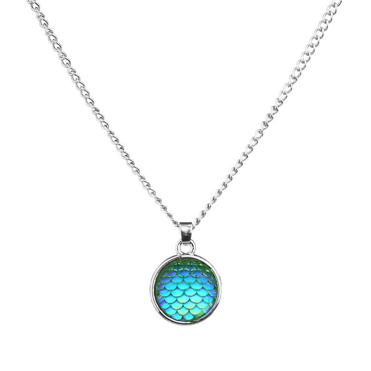 Wholesale Color Mermaid 16mm AB Fish Scale Time Gemstone Alloy Pendant Necklaces
