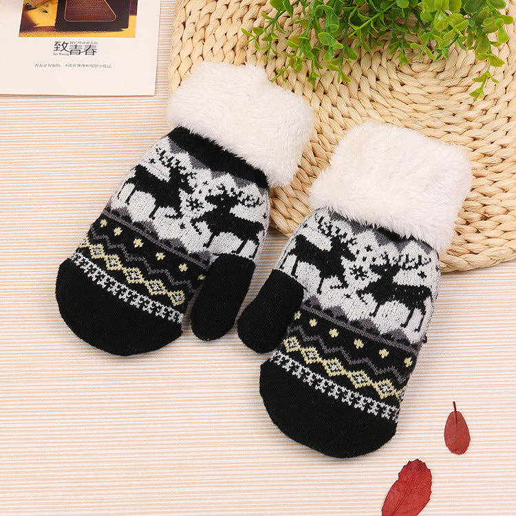 Wholesale Autumn and Winter Plus Fleece and Thick Bag Boy Deer Knitting Wool Points Finger Children's Warm Gloves