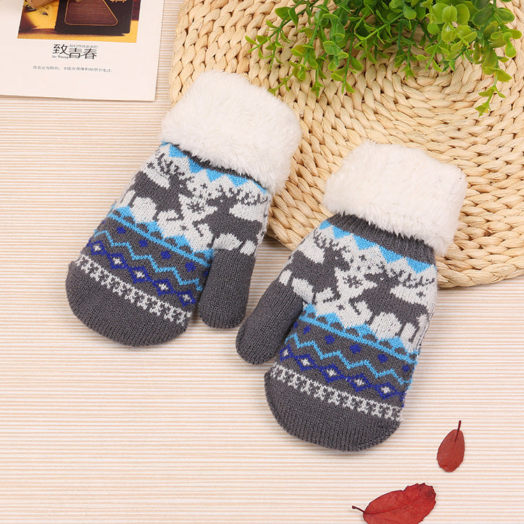 Wholesale Autumn and Winter Plus Fleece and Thick Bag Boy Deer Knitting Wool Points Finger Children's Warm Gloves