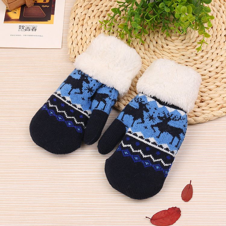 Wholesale Autumn and Winter Plus Fleece and Thick Bag Boy Deer Knitting Wool Points Finger Children's Warm Gloves