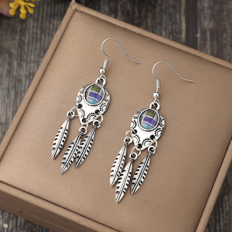 Wholesale Retro Style Feather Alloy Drip Glue Long Bohemian Ladies Fashion Earrings