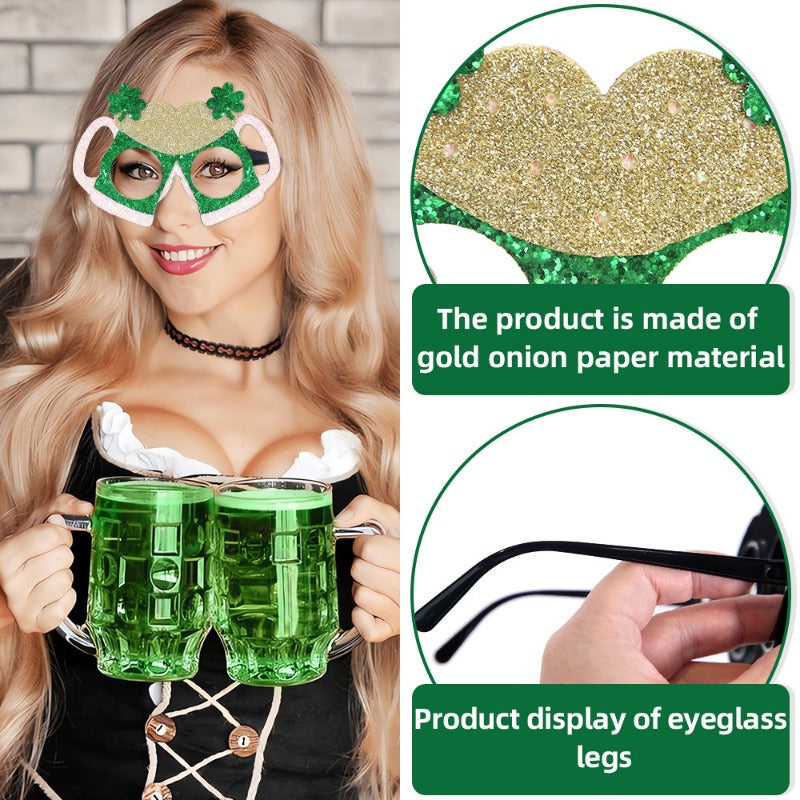 Wholesale St. Patrick's Party Non-woven Green Glitter Eyeglasses Frame Irish Festival Shamrock Glasses