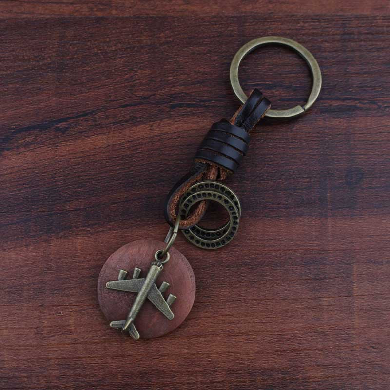 Wholesale Round Wood Bronze Aircraft Pendant Leather Keychains