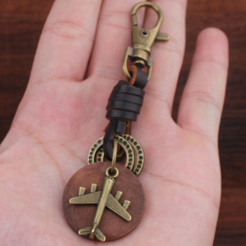 Wholesale Round Wood Bronze Aircraft Pendant Leather Keychains