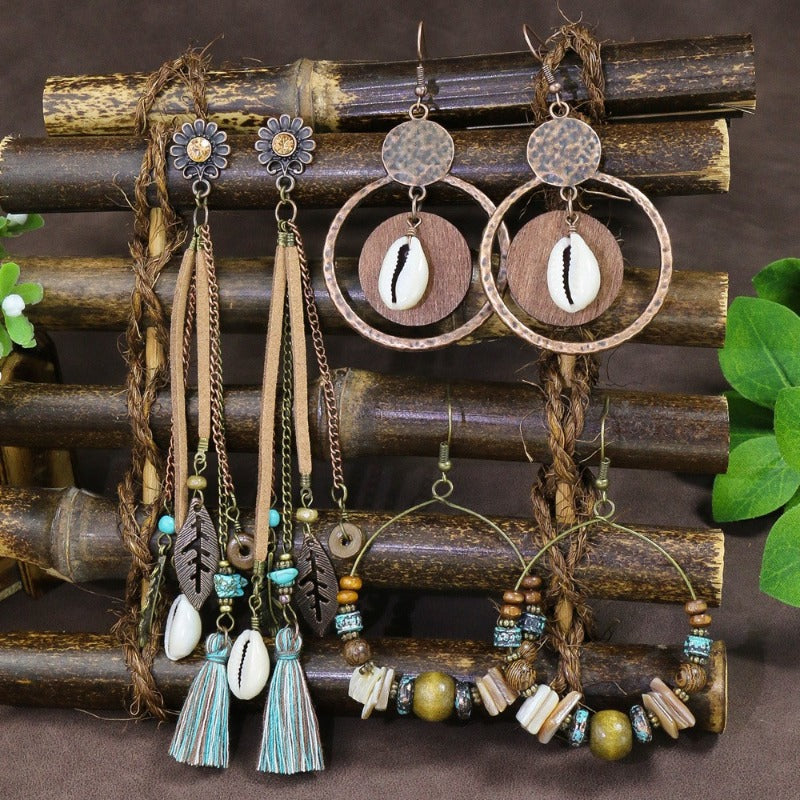 Wholesale Bohemian Rice Pearl Shell Long Tassel Earrings