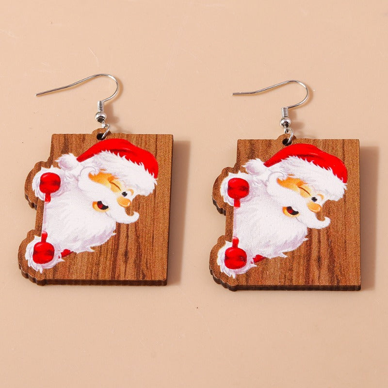 Wholesale Christmas Cartoon Cute Santa Claus Elk Wooden Earrings