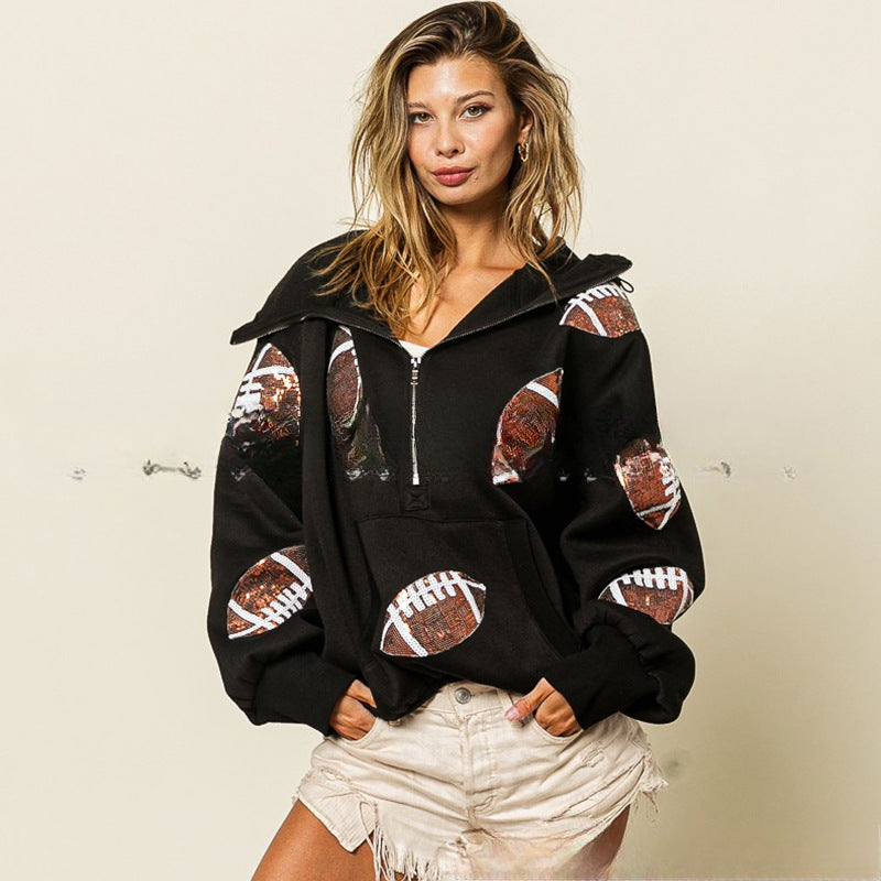Wholesale Spring and Autumn Rugby Sequin Patchwork Hooded European and American Zipper Drawstring Long Sleeved Women Clothes