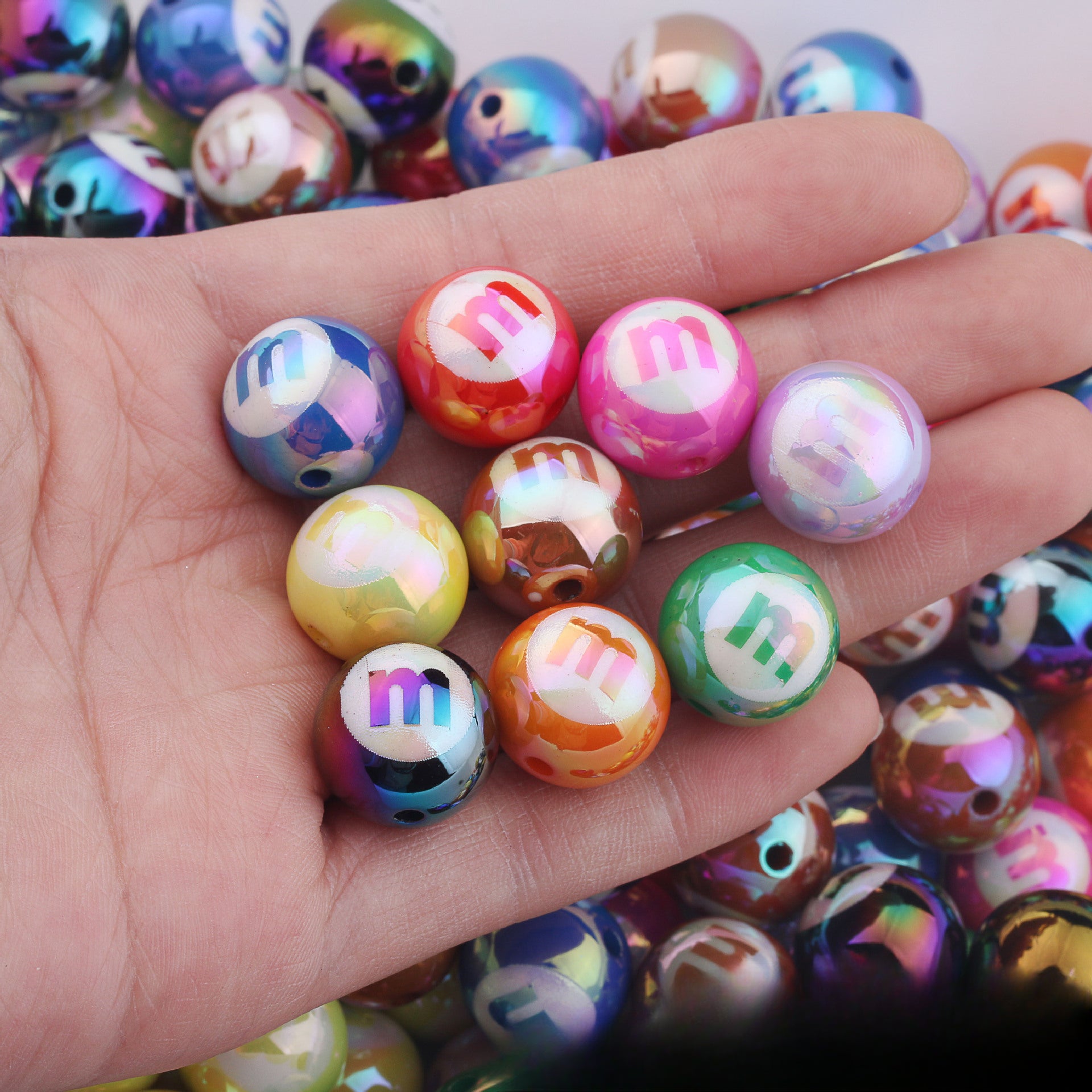 Wholesale 20pcs Acrylic UV Plating Engraving M Bean Straight Hole Two-color DIY Beads