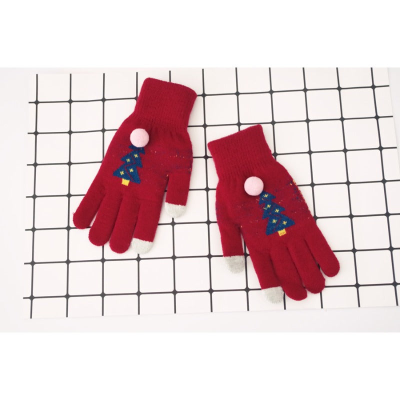 Wholesale Imitation Cashmere Christmas Tree Double-layer Thickened Warm Split Finger Gloves