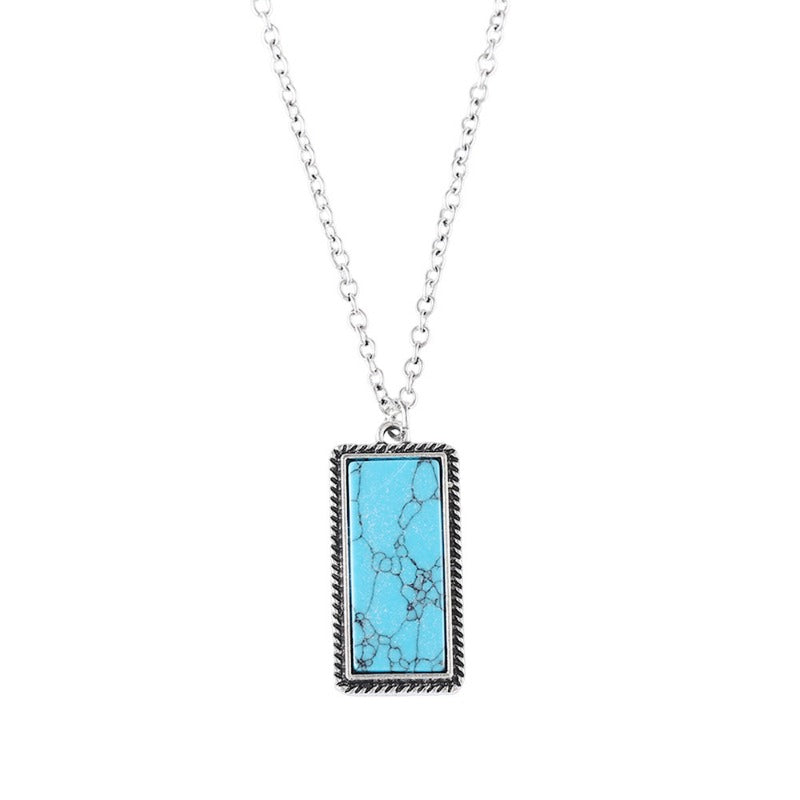 Wholesale Bohemian Inlaid Rectangular Turquoise Geometric Pendant Earrings Necklace Set