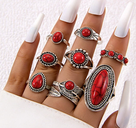 Vintage 8-piece Ring Set with Turquoise Carved Feathers