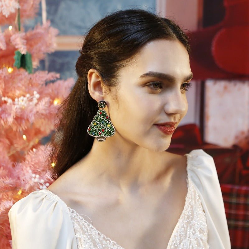 Wholesale Christmas Rice Bead Countryside Style Exaggerated Lightweight Holiday Hand Woven Earrings