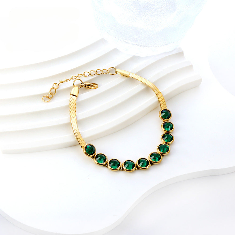 Wholesale Vintage Flat Snake Chain Round Green Diamond Devil's Eye Pulling Bracelet