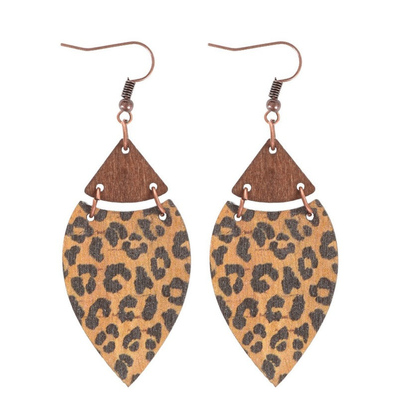 Wholesale Retro Leopard Leaf Splicing Woodblock Fashion Exaggerated Earrings