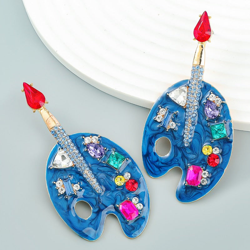 Wholesale Colored Diamond Alloy Drip Oil Inlaid Diamond Cartoon Palette Earrings
