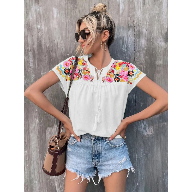 Wholesale Embroidered Fringe Collared Batwing Sleeve Shirt