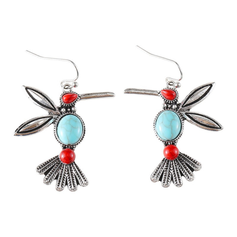 Wholesale Retro Fashion Inlaid Turquoise Bird Pendant Personality Niche Simple Versatile Earrings