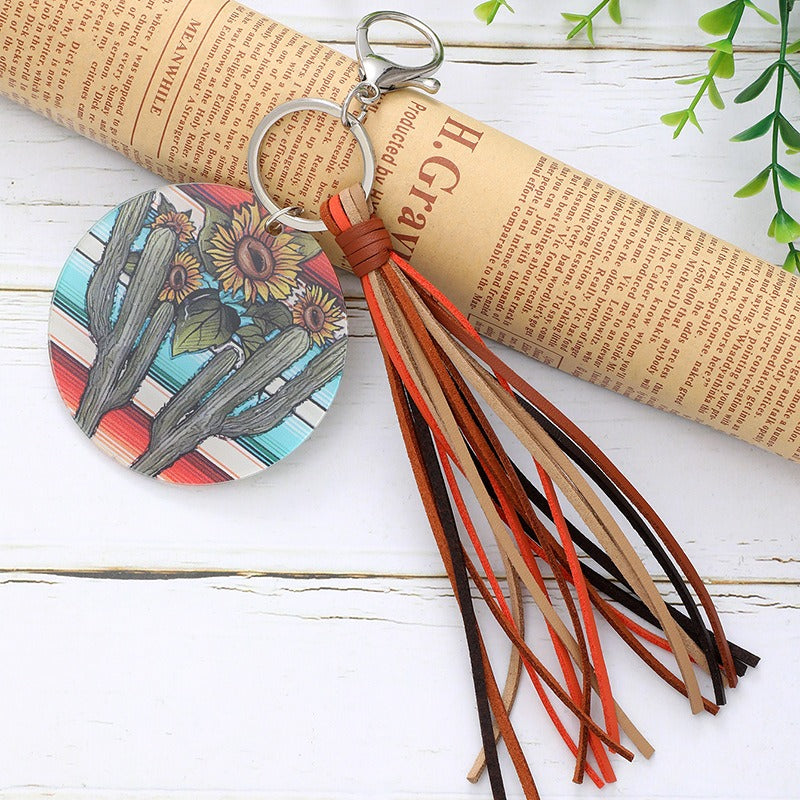 Wholesale Round Acrylic Cactus Sunflower Bull Head Print Tassel Keychain