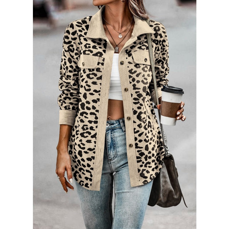 Wholesale Fashion Leopard Print Button Long Sleeve Jacket Coat