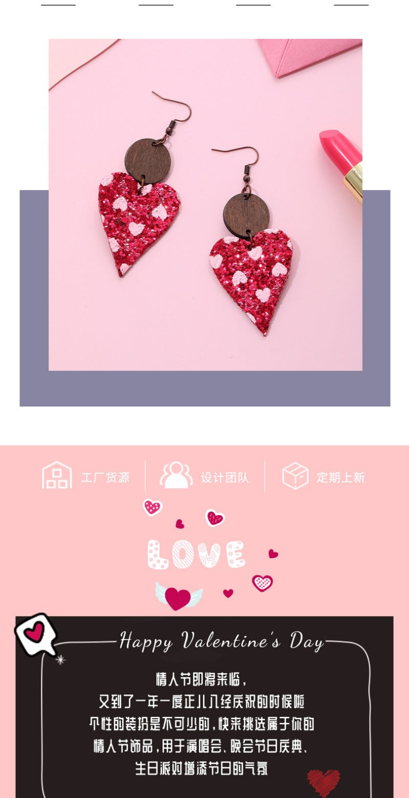 Wholesale Valentine's Day Sequin Particles, Heart-shaped Leather Wooden Block Earrings