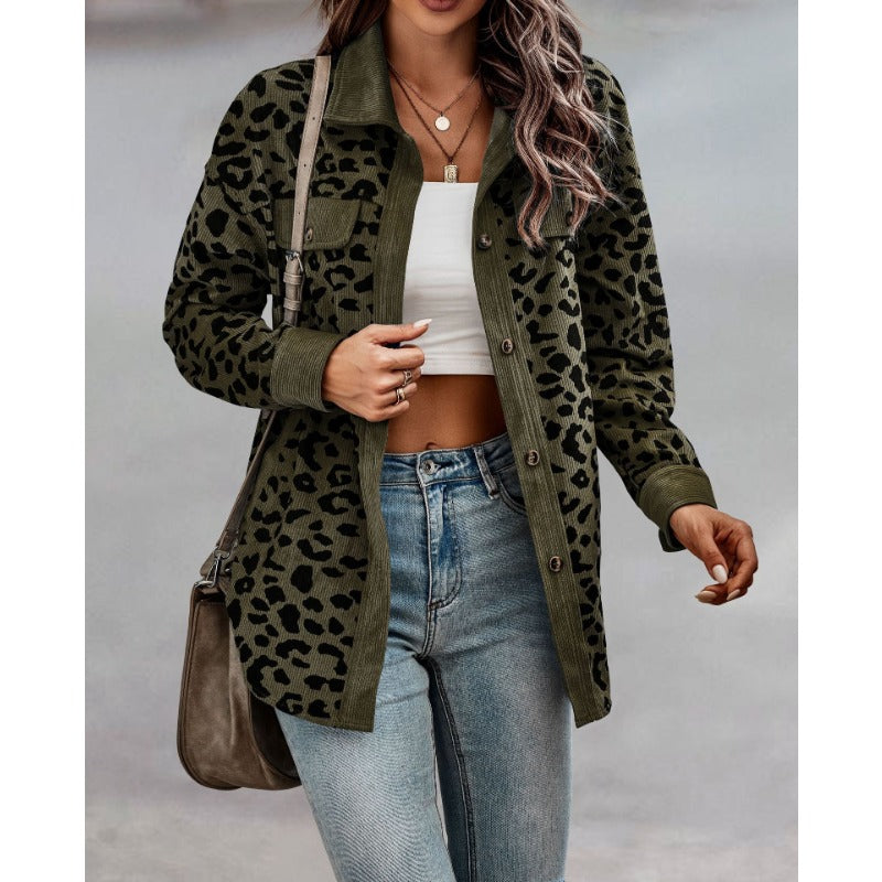 Wholesale Fashion Leopard Print Button Long Sleeve Jacket Coat