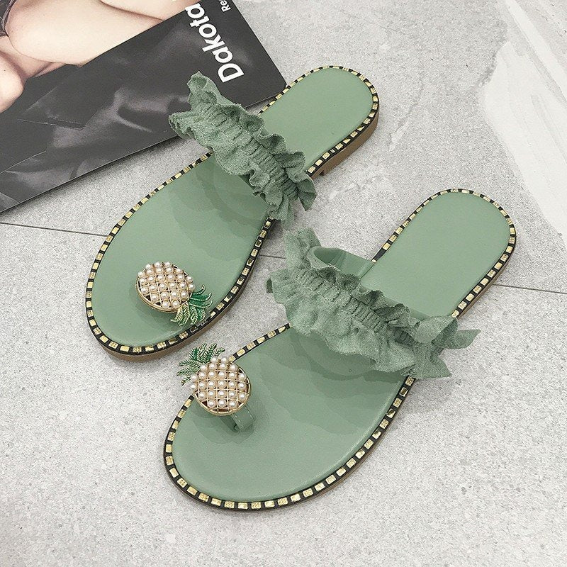 Wholesale Summer Pineapple Lace Toe PU Slippers