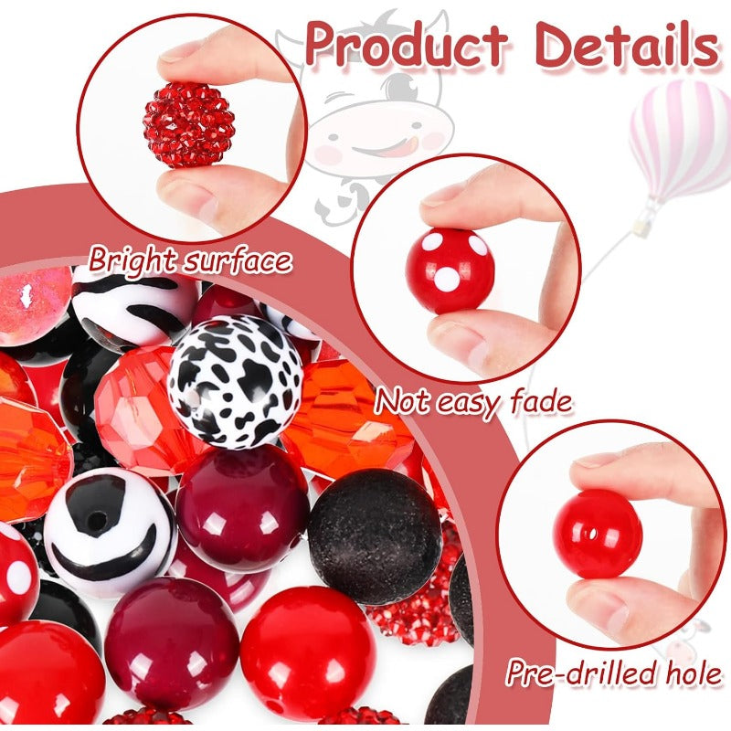 Wholesale Whaline 50Pcs 20mm Red Cow Beads 12 Styles Mixed Bubblegum Beads Set Red Black Spacer Bead Chunky Beads Jumbo Plastic Beads for Crafts and Jewelry Making Boutique Craft Supplies