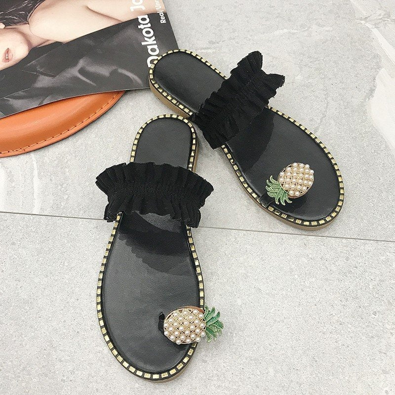 Wholesale Summer Pineapple Lace Toe PU Slippers