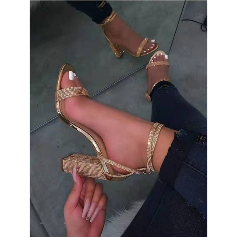 Wholesale Rhinestone Thick Heel High Heel Ankle Buckle PU Sandals