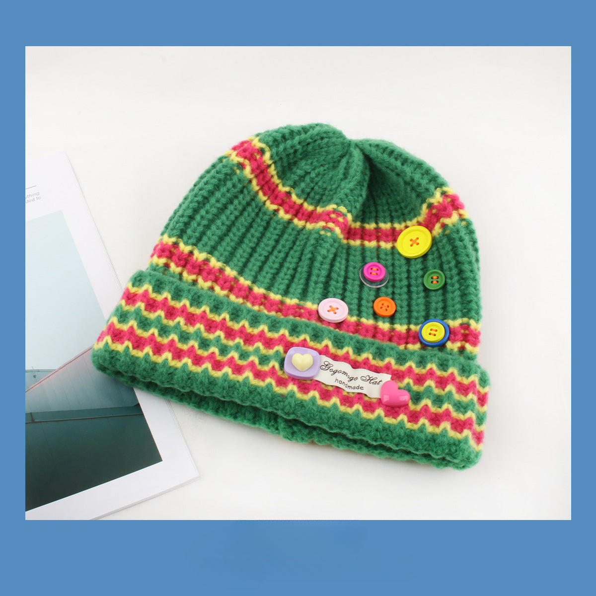 Wholesale Striped Colorful Button Knitted Woolen Knitted Hat