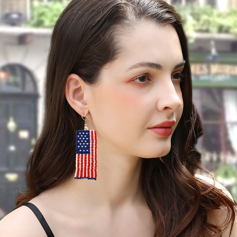 Wholesale Bohemian Tassel American Flag Rice Bead Earrings
