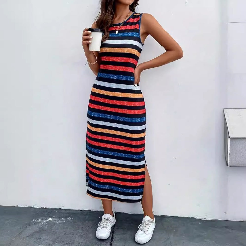 Wholesale Sleeveless Striped Sexy Slit Dress