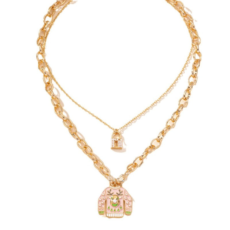 Wholesale Multicolor 14K Bright Gold Full Imitation Pearl Small Lock Multi-layer High-grade Oil Drop Sweater Christmas Necklaces