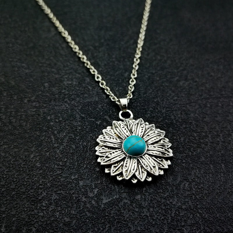 Wholesale Vintage Boho Blue Turquoise Sunflower Necklace